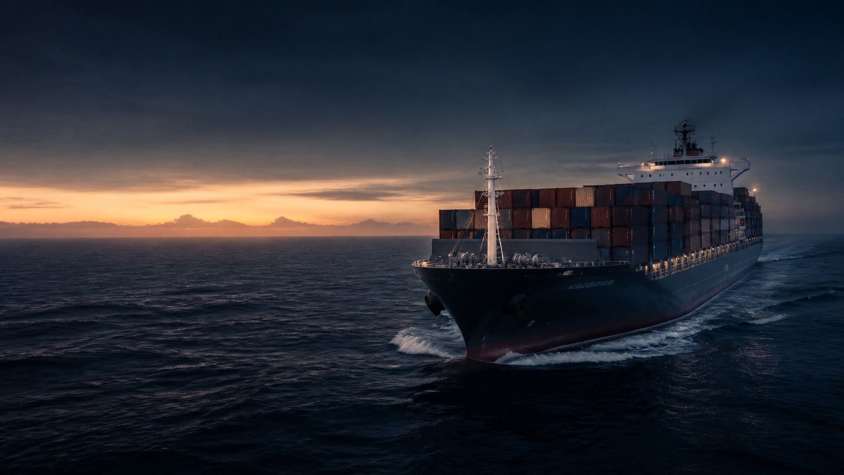 A working container ship making way across open ocean at dawn